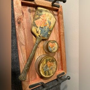 Antique Hand Mirror And Glass Containers Vanity Set